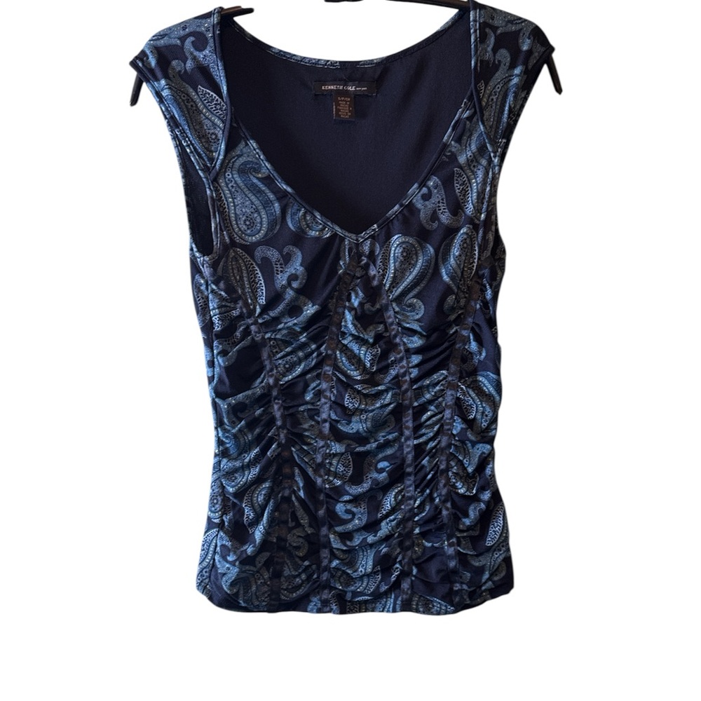 Kenneth Cole Top Womens Sz Small Blue Paisley Print Ruched Sleeveless VNeck